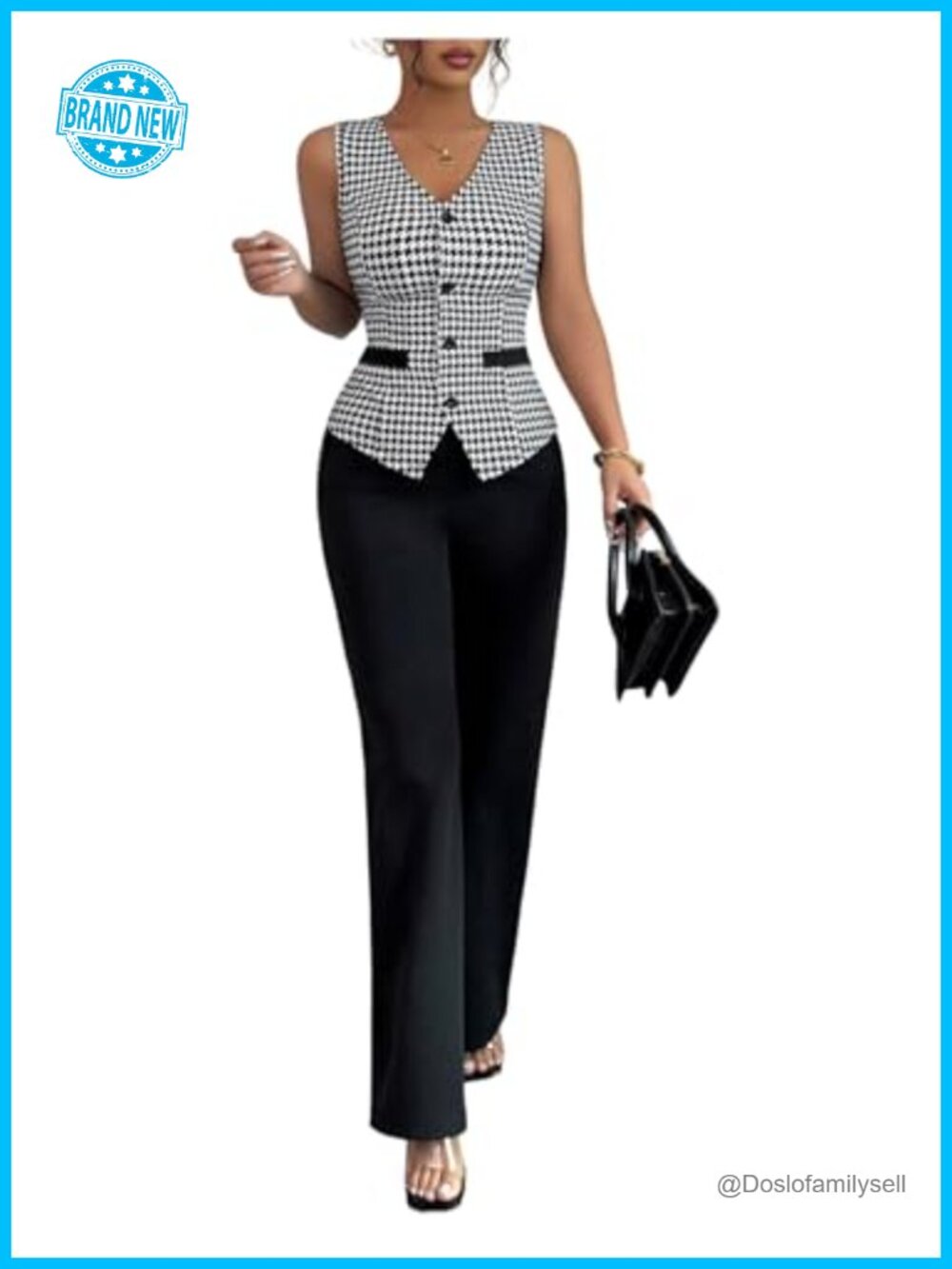 Women's 2 Piece Plaid Houndstooth Sleeveless Vest & Pants Set